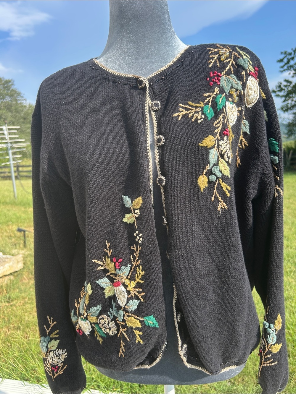Embroidered Black Women's Sweater Cardigan